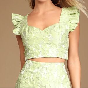 Lulus Sunny Seasons Lime Green Floral Jacquard Ruffled Crop Top - Size S